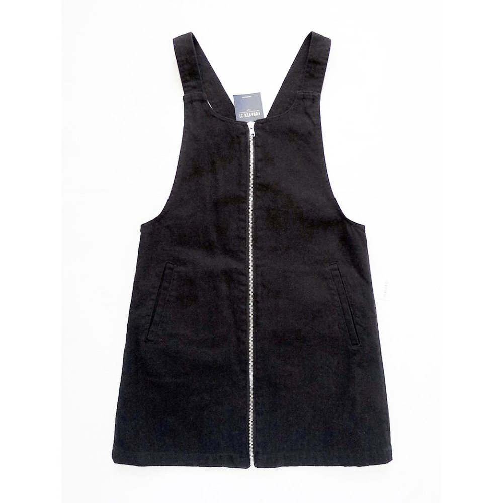 NEW WITH TAG FOREVER 21 Black Zip Front Denim Overall Dress + Pockets S